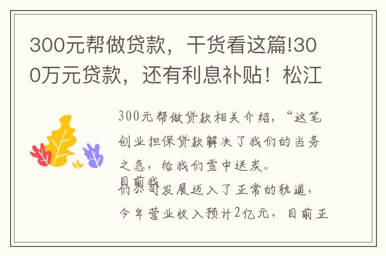 300元帮做贷款，干货看这篇!300万元贷款，还有利息补贴！松江创业担保贷款为企业“雪中送炭”