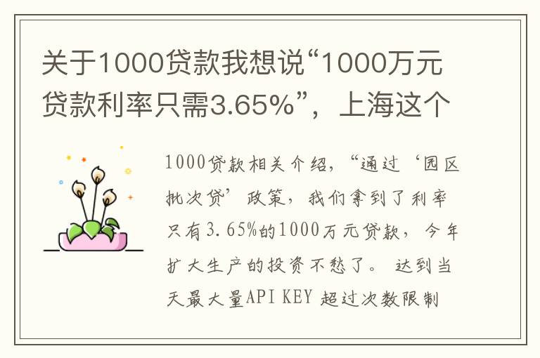 关于1000贷款我想说“1000万元贷款利率只需3.65%”，上海这个镇推出一揽子惠企政策