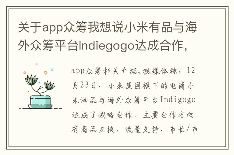 关于app众筹我想说小米有品与海外众筹平台Indiegogo达成合作，为中国产品海外众筹提供支持丨钛快讯