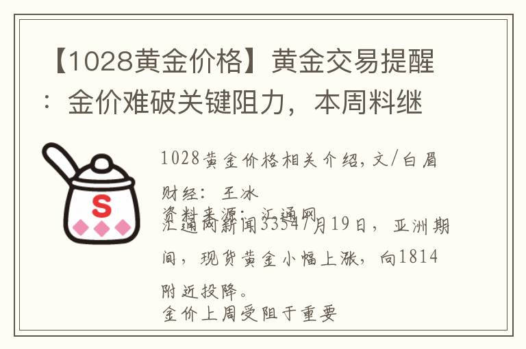 【1028黄金价格】黄金交易提醒：金价难破关键阻力，本周料继续承压