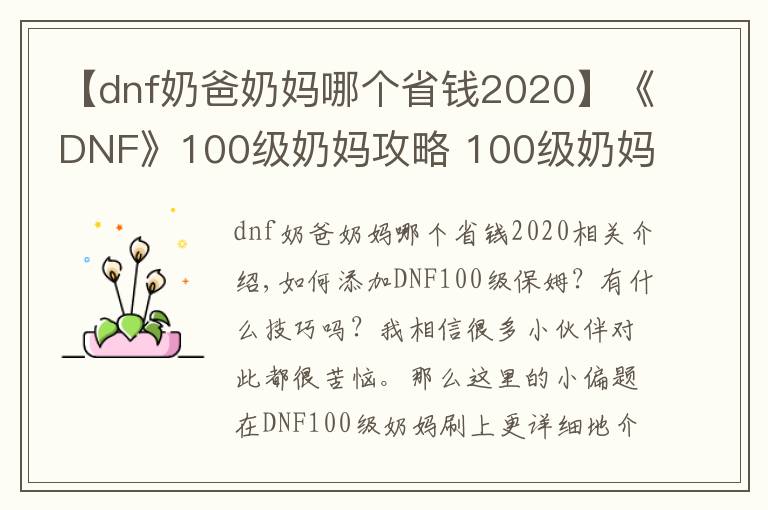 【dnf奶爸奶妈哪个省钱2020】《DNF》100级奶妈攻略 100级奶妈加点技巧指南详览