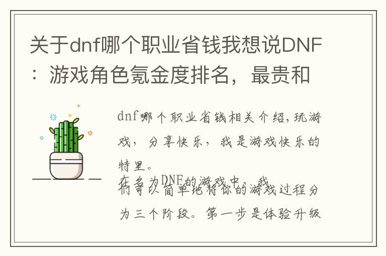 关于dnf哪个职业省钱我想说DNF：游戏角色氪金度排名，最贵和最省钱的知道是哪个职业吗？