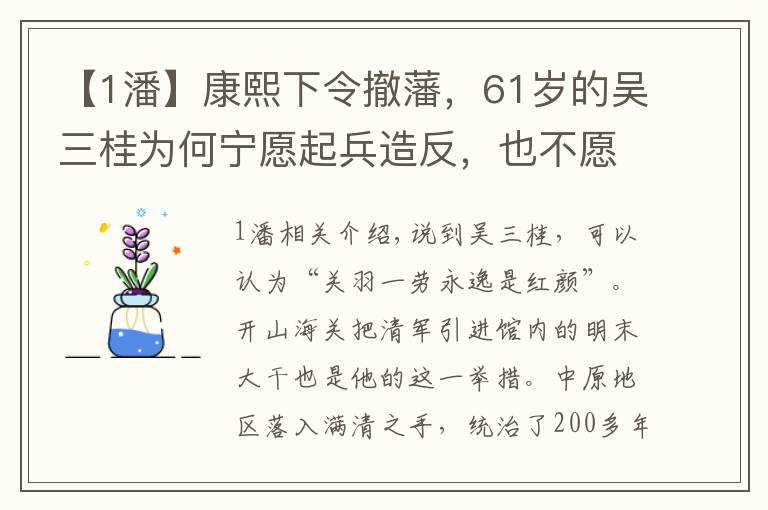 【1潘】康熙下令撤藩，61岁的吴三桂为何宁愿起兵造反，也不愿做富家翁？