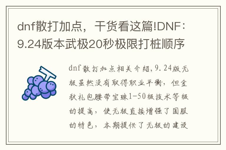 dnf散打加点，干货看这篇!DNF：9.24版本武极20秒极限打桩顺序，普雷装备选择和加点分析