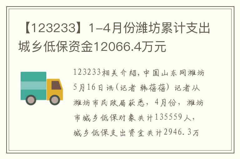 【123233】1-4月份潍坊累计支出城乡低保资金12066.4万元