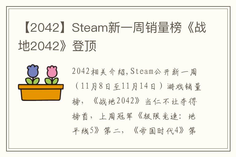 【2042】Steam新一周销量榜《战地2042》登顶