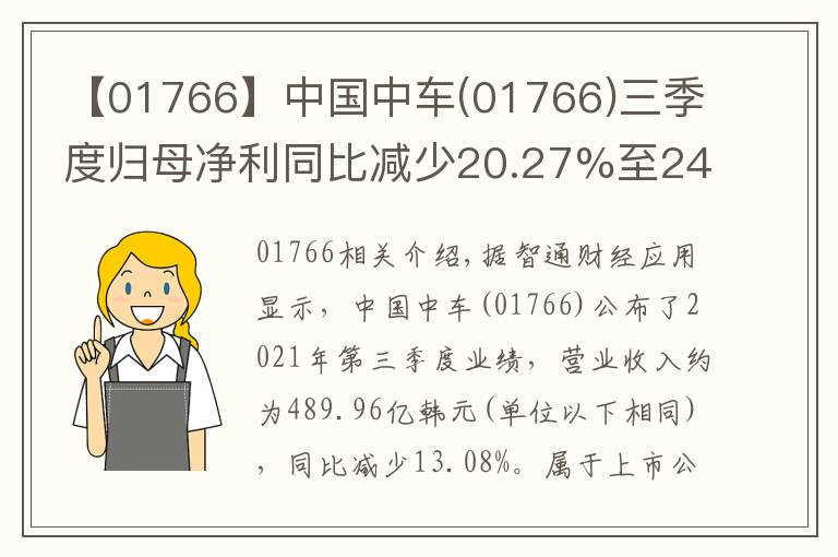 【01766】中国中车(01766)三季度归母净利同比减少20.27%至24.72亿元