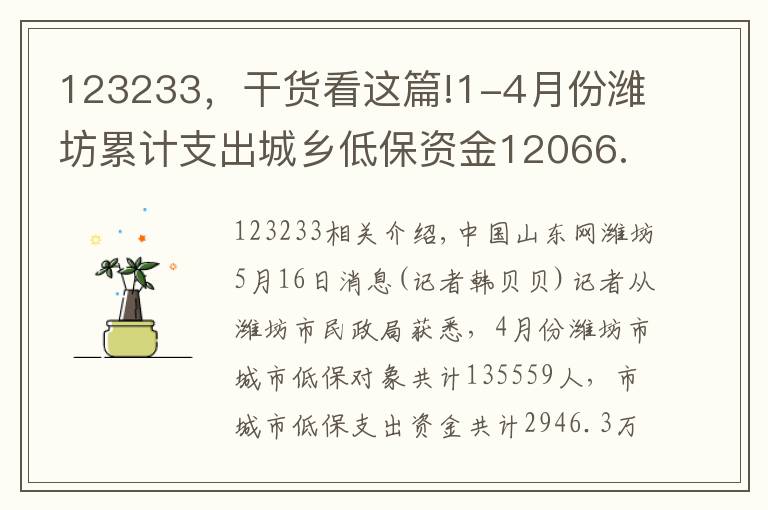 123233，干货看这篇!1-4月份潍坊累计支出城乡低保资金12066.4万元