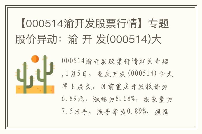 【000514渝开发股票行情】专题股价异动：渝 开 发(000514)大幅拉升，现涨8.68%