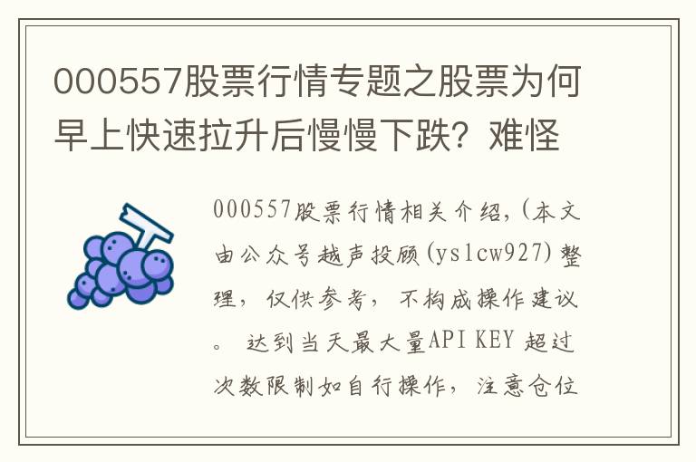 000557股票行情专题之股票为何早上快速拉升后慢慢下跌？难怪我炒股10年都没赚到钱？原来这只是庄家诱多手法