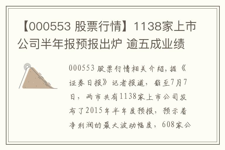 【000553 股票行情】1138家上市公司半年报预报出炉 逾五成业绩预喜