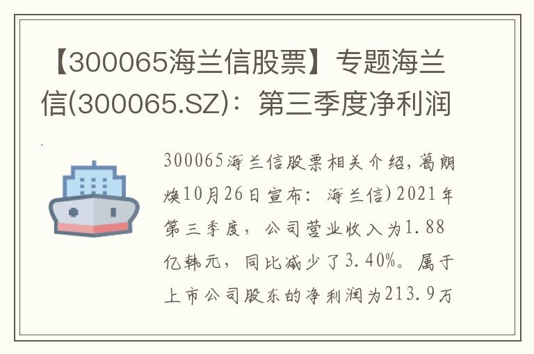 【300065海兰信股票】专题海兰信(300065.SZ)：第三季度净利润降93.53%至213.9万元