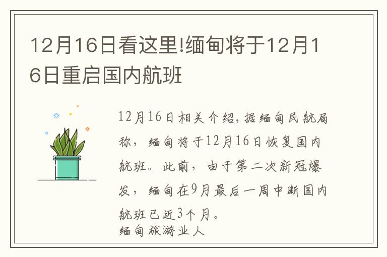 12月16日看这里!缅甸将于12月16日重启国内航班