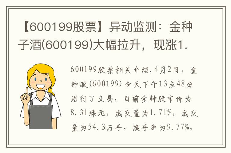 【600199股票】异动监测：金种子酒(600199)大幅拉升，现涨1.71%