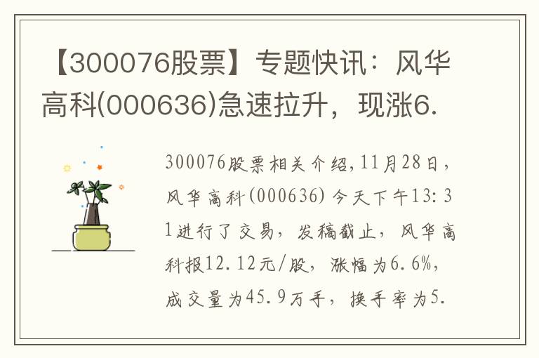 【300076股票】专题快讯：风华高科(000636)急速拉升，现涨6.6%