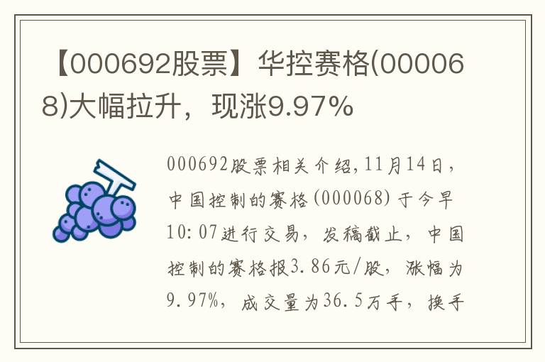 【000692股票】华控赛格(000068)大幅拉升，现涨9.97%