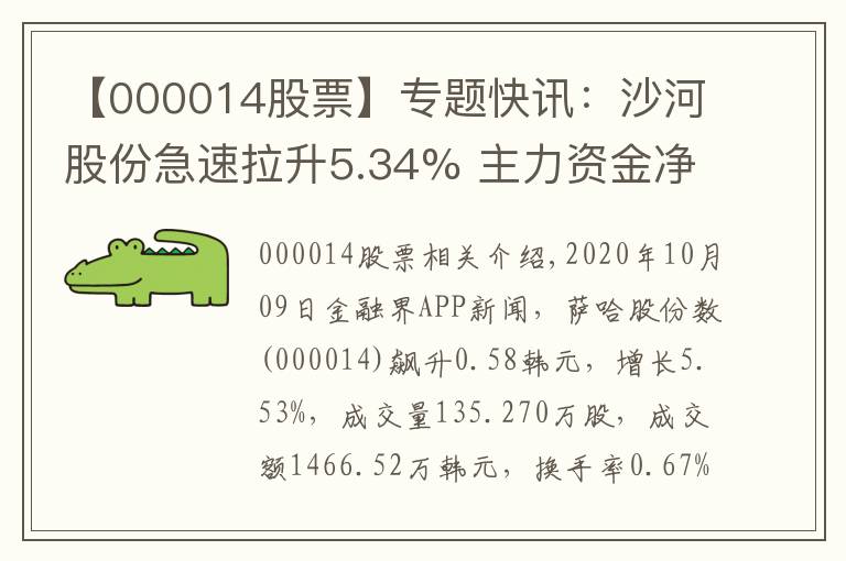 【000014股票】专题快讯：沙河股份急速拉升5.34% 主力资金净流入125.81万元