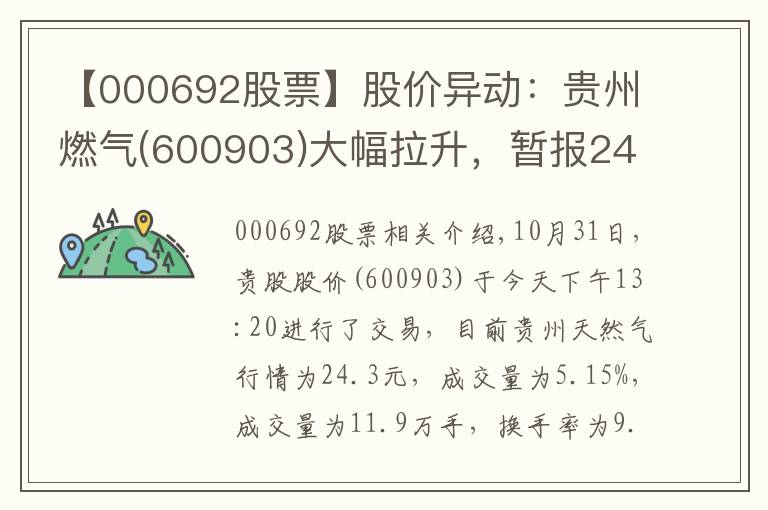 【000692股票】股价异动：贵州燃气(600903)大幅拉升，暂报24.3元