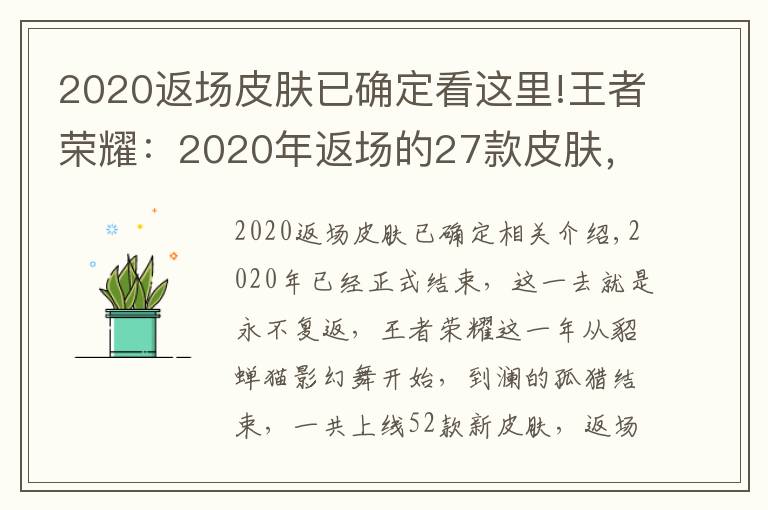 2020返场皮肤已确定看这里!王者荣耀：2020年返场的27款皮肤，这8款你们错过了吗