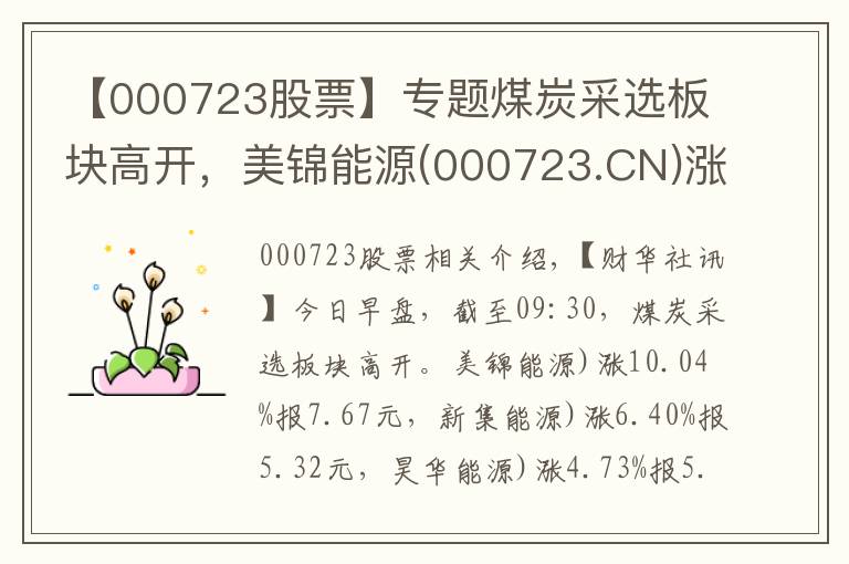 【000723股票】专题煤炭采选板块高开，美锦能源(000723.CN)涨10.04%