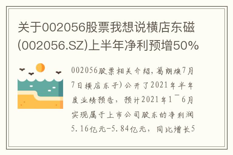 关于002056股票我想说横店东磁(002056.SZ)上半年净利预增50%-70%