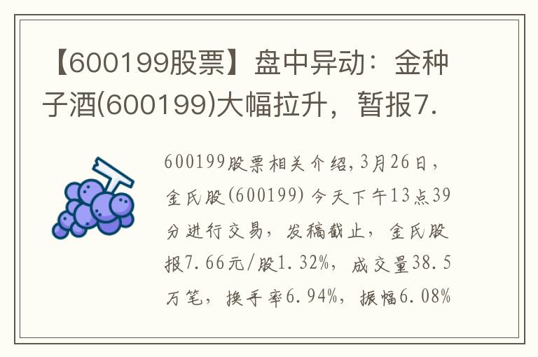 【600199股票】盘中异动：金种子酒(600199)大幅拉升，暂报7.66元