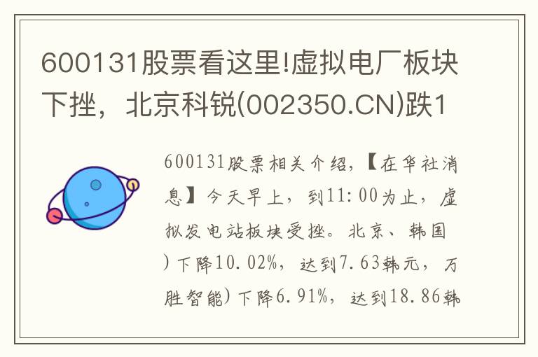 600131股票看这里!虚拟电厂板块下挫，北京科锐(002350.CN)跌10.02%
