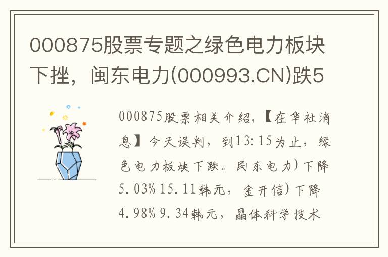 000875股票专题之绿色电力板块下挫，闽东电力(000993.CN)跌5.03%