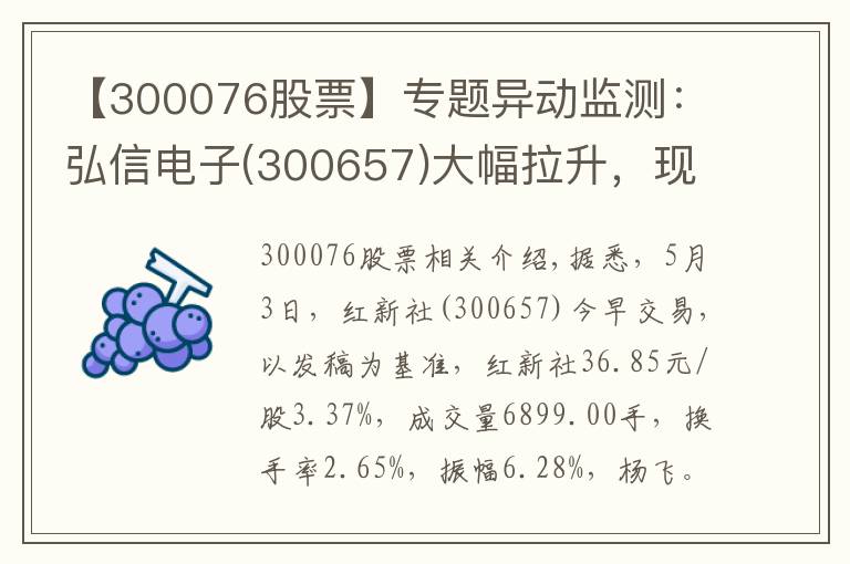 【300076股票】专题异动监测：弘信电子(300657)大幅拉升，现涨3.37%
