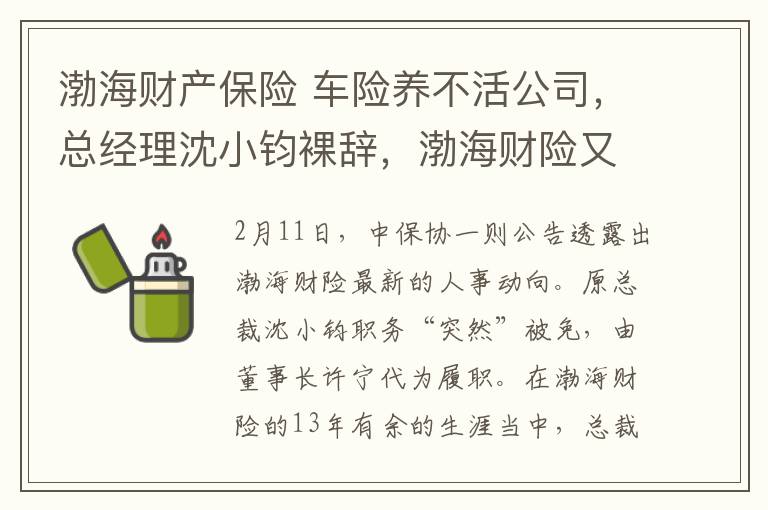 渤海财产保险 车险养不活公司，总经理沈小钧裸辞，渤海财险又到了“断档期”