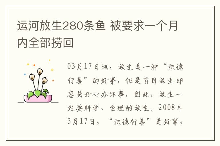 运河放生280条鱼 被要求一个月内全部捞回