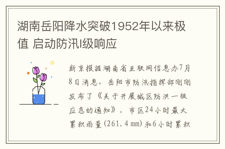 湖南岳阳降水突破1952年以来极值 启动防汛I级响应