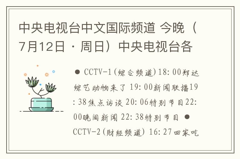 中央电视台中文国际频道 今晚（7月12日 · 周日）中央电视台各频道节目预告