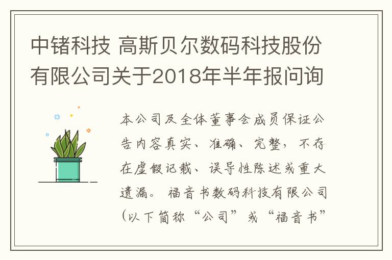 中锗科技 高斯贝尔数码科技股份有限公司关于2018年半年报问询函回复的公告