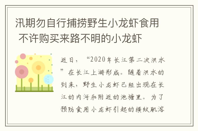 汛期勿自行捕捞野生小龙虾食用 不许购买来路不明的小龙虾