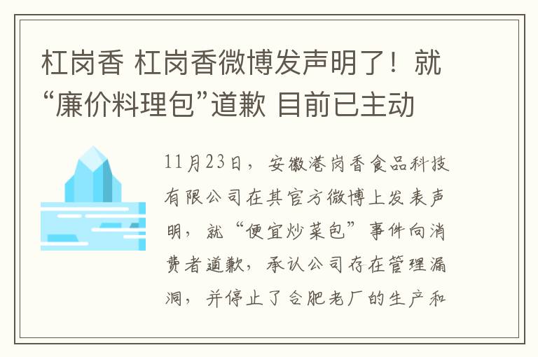 杠岗香 杠岗香微博发声明了！就“廉价料理包”道歉 目前已主动停产停业