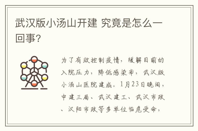 武汉版小汤山开建 究竟是怎么一回事?