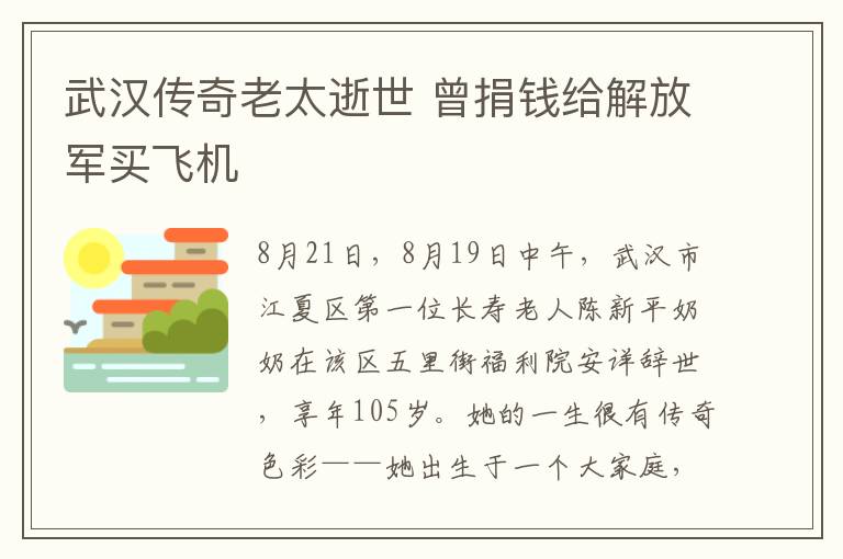 武汉传奇老太逝世 曾捐钱给解放军买飞机