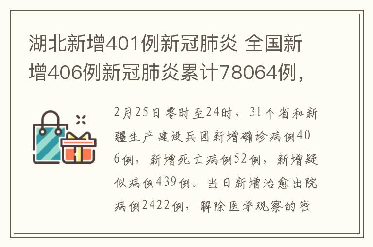 湖北新增401例新冠肺炎 全国新增406例新冠肺炎累计78064例，其中湖北新增401例