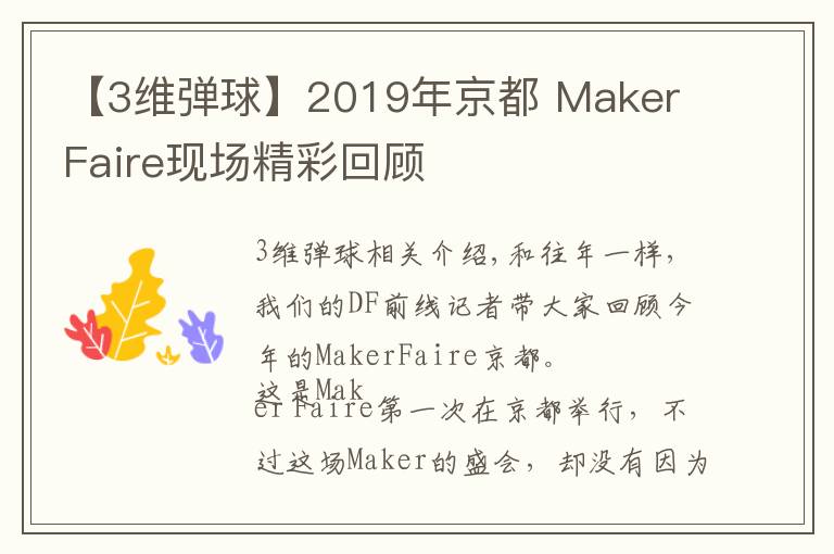 【3维弹球】2019年京都 Maker Faire现场精彩回顾