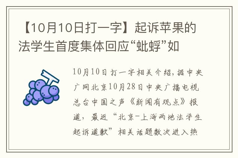 【10月10日打一字】起诉苹果的法学生首度集体回应“蚍蜉”如何“撼大树”？