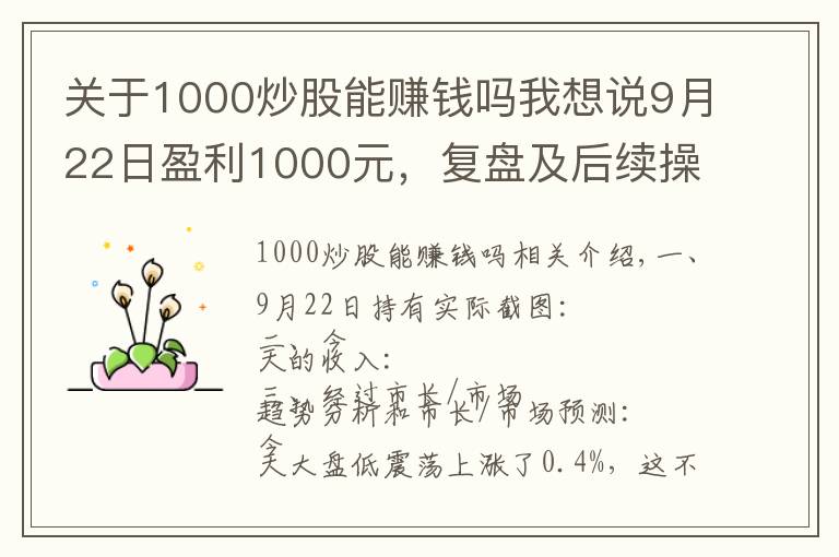 关于1000炒股能赚钱吗我想说9月22日盈利1000元，复盘及后续操作指引，3万炒股挑战一年10倍