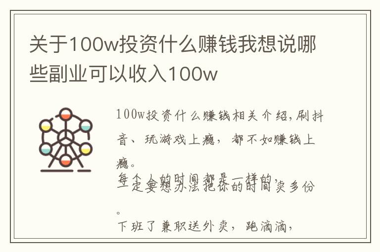 关于100w投资什么赚钱我想说哪些副业可以收入100w