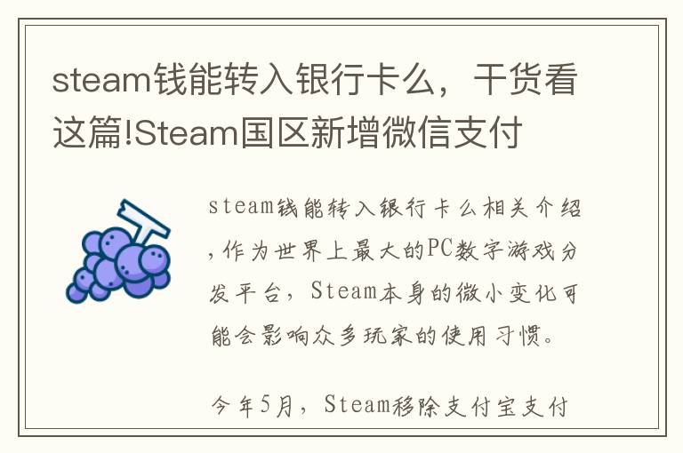 steam钱能转入银行卡么，干货看这篇!Steam国区新增微信支付