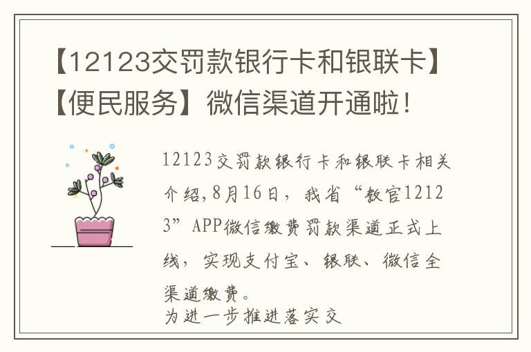 【12123交罚款银行卡和银联卡】【便民服务】微信渠道开通啦！我省“交管12123”APP实现了支付宝、银联、微信的全渠道缴费