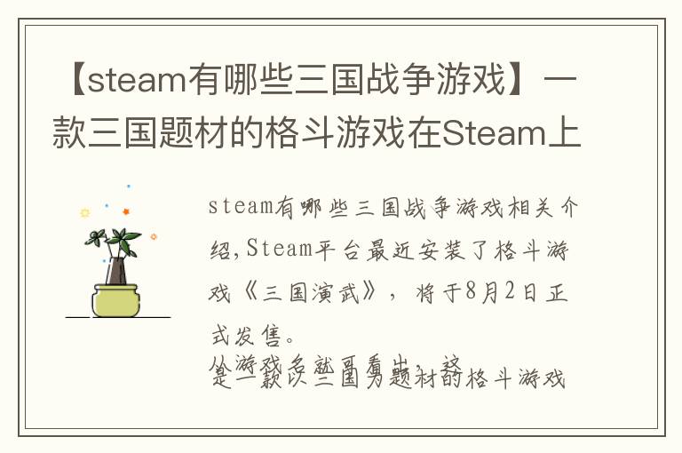 【steam有哪些三国战争游戏】一款三国题材的格斗游戏在Steam上架了，8月2日发售