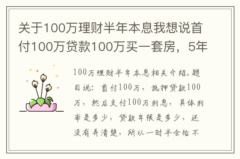 关于100万理财半年本息我想说首付100万贷款100万买一套房，5年之后卖出250万能否赚钱？