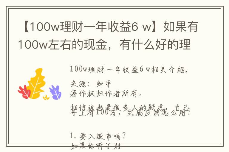 【100w理财一年收益6 w】如果有100w左右的现金，有什么好的理财方式？