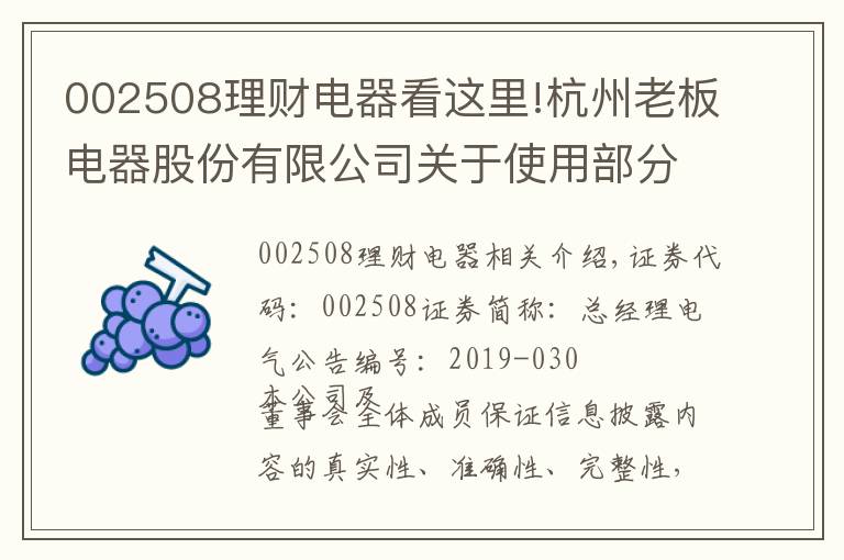 002508理财电器看这里!杭州老板电器股份有限公司关于使用部分自有闲置资金进行投资理财的公告