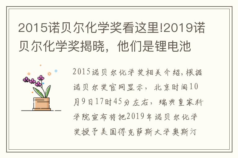 2015诺贝尔化学奖看这里!2019诺贝尔化学奖揭晓，他们是锂电池发明者